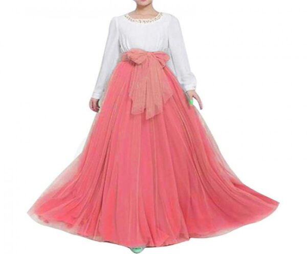 Women Wedding Long Maxi Puffy Tulle Skirt Floor Length A Line with Bowknot Belt High Waisted for Wedding Party Evening