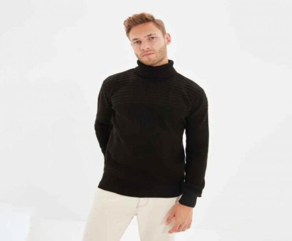 Male Slim Fit Turtleneck Texture Panelli Knitwear Sweater